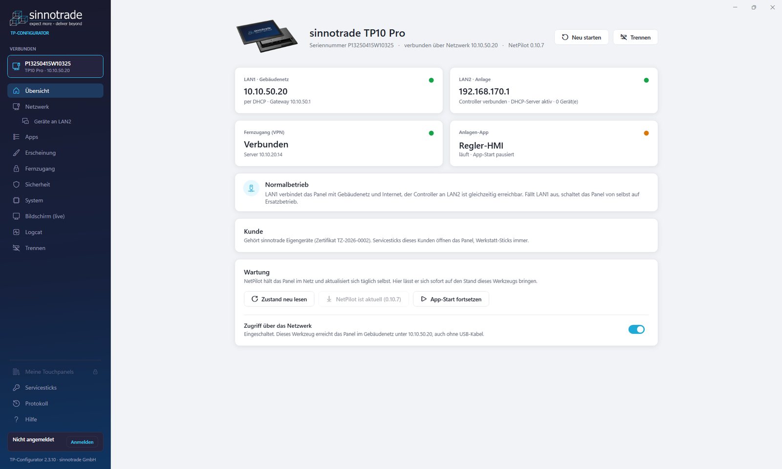 sinnotrade panel configurator, developed at sinnograte: overview of a connected touch panel